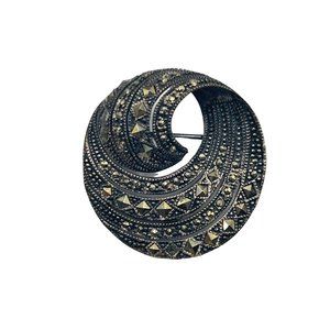 Vintage Sterling Silver & Marcasite Pin Brooch Round Waved Spiral Marked A 925